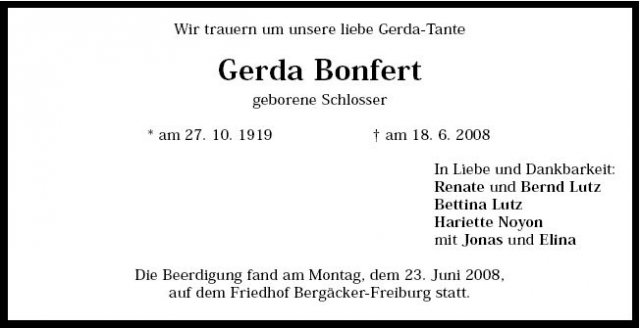 Schlosser Gerda 1919-2008 Todesanzeige